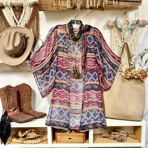 Aztec semi sheer duster cardi/cover up w vacay southwestern vibe